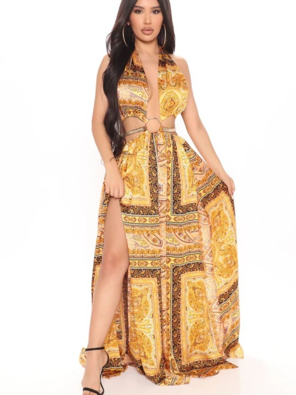 Gold Paisley Halter Maxi Dress with Ring Waist- Size L